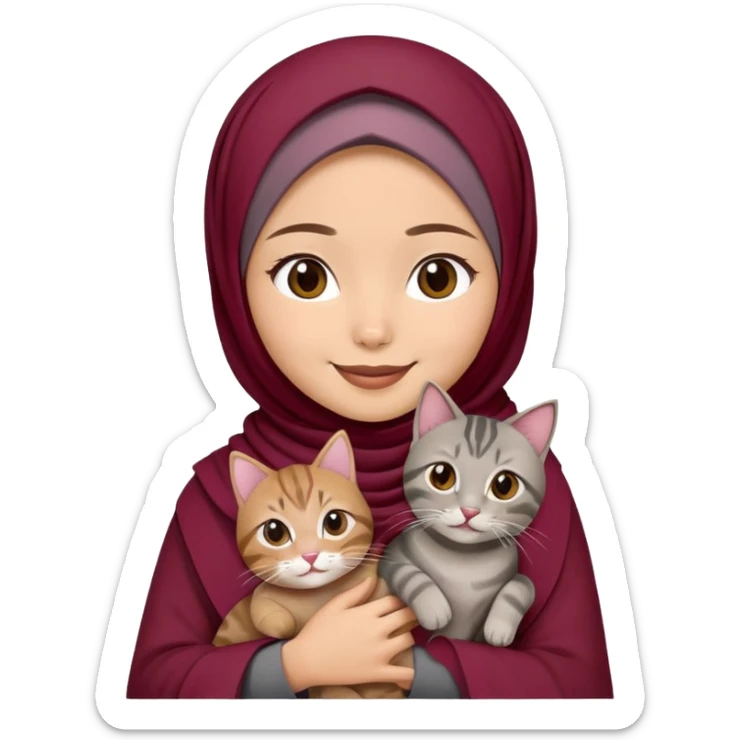 Asian white girl wearing  maroon hijab with dress holding a black grey tabby cat while smiling sticker