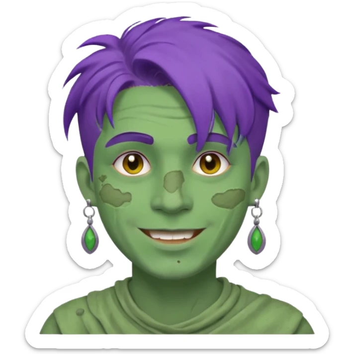 purple haired man with full full face dirty messy green clay mask and earrings happy  sticker