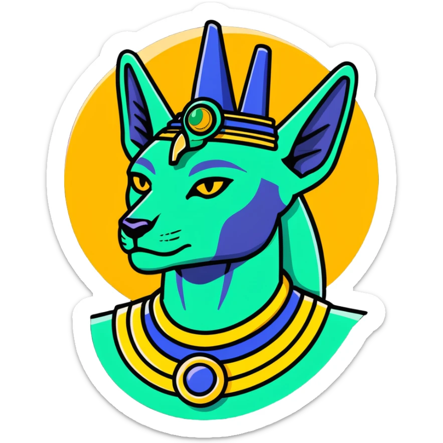 Egyptian gods Osiris with green skin and Atef crown, Khonsu with falcon head and moon symbol, and Anubis with jackal head standing together sticker