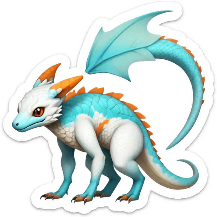 Rare realistic exotic cute white gloomy whitish and orange and cyan epic pretty beautiful handsome gorgeous aesthetic colorful vibrant Vernid-Trico-species-Fakemon-Salandit-hybrid-creature by LiLaiRa, 4 legs, 1 tail, random markings, (full body) sticker
