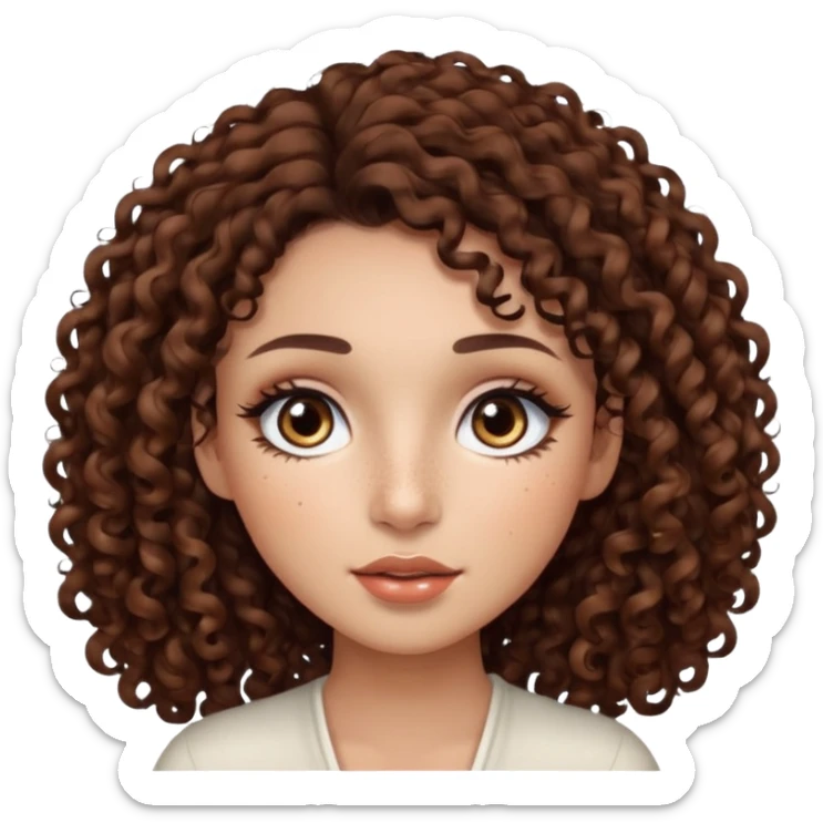 dark brown curly hair with dark brown eyes and too long lashes and some make up with freckle and light brown skin sticker