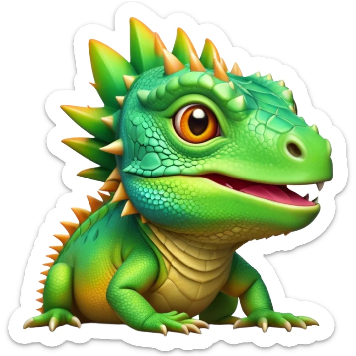Cinematic Cute Iguana Portrait Emoji, Head tilted playfully and inquisitively, featuring a delightfully vibrant, textured body with a subtle spiky crest and large, sparkling eyes full of gentle wonder, Simplified yet irresistibly adorable features, highly detailed, glowing with a warm, inviting jungle glow, high shine, affectionate and lively, stylized with a touch of whimsical reptilian charm, soft glowing outline, capturing the essence of a mischievous yet loving iguana that seems as if it could scurry out of the screen into your arms! sticker