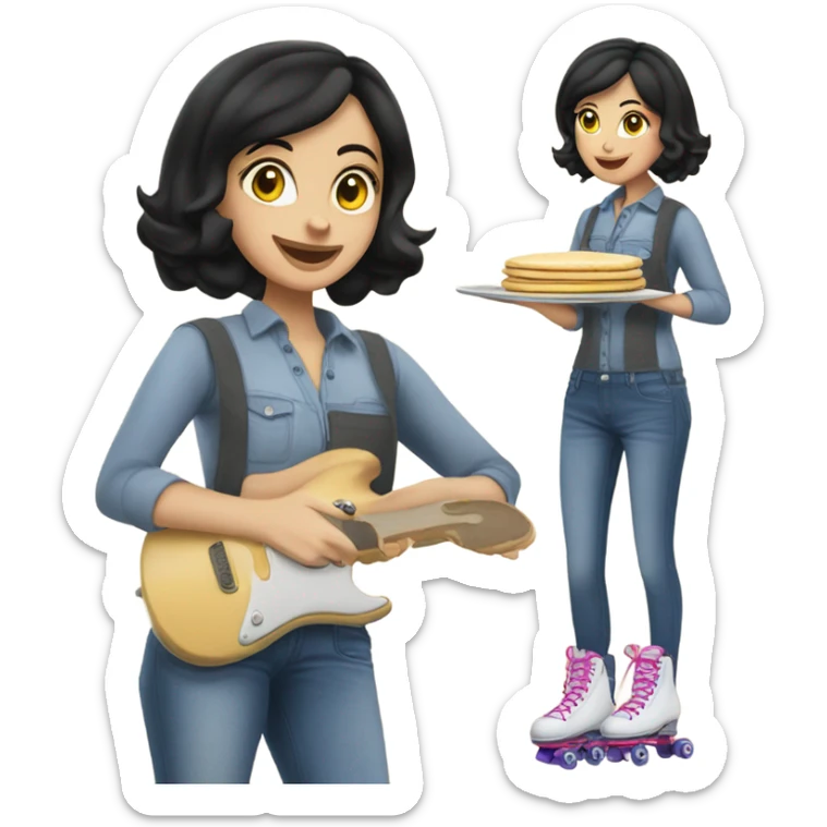 Caucasian woman with black hair wearing jeans on roller skates cooking pancakes sticker
