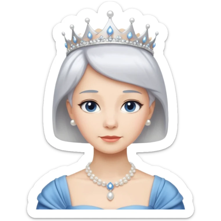 Queen with white short hair – silver tiara, pearl necklace, elegant gown, blue dress sticker