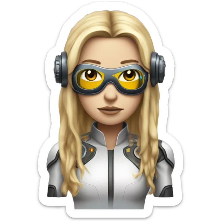 Brown long hair with blonde steaks female cyborg head, fair skin, space age goggles and circuits sticker
