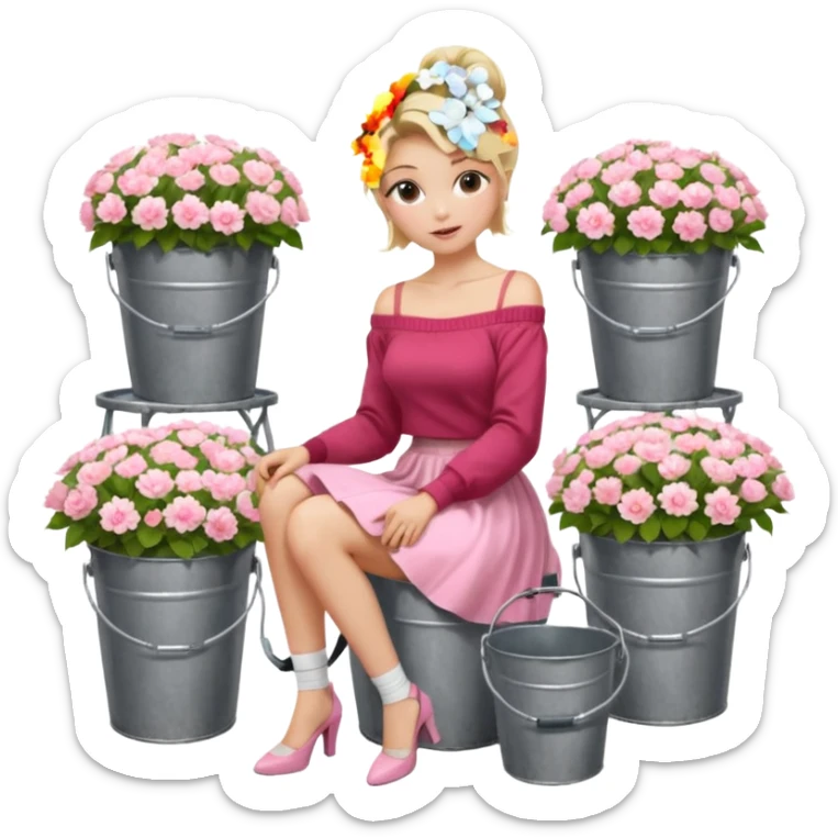 a blond girl  sitting  near various bouquets of flowers in metal buckets a white and pink flowers , Her hairstyle is slightly messy updo. She wears a red off-shoulder cardigan and a white long skirt. Her leg is extended forward toward the camera, appearing long and graceful. sticker