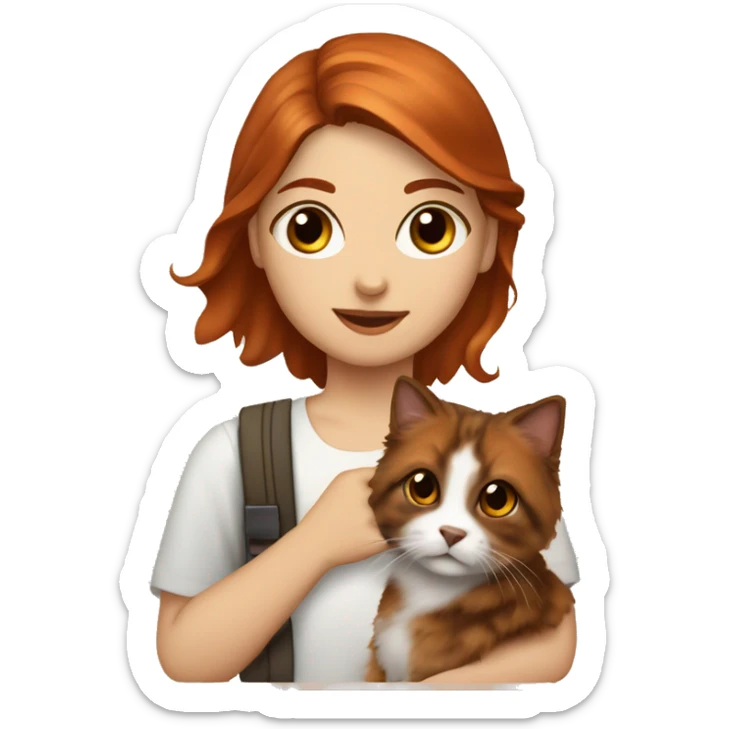 Copper red haired girl with dark brown eyes holding tortie Siberian car sticker