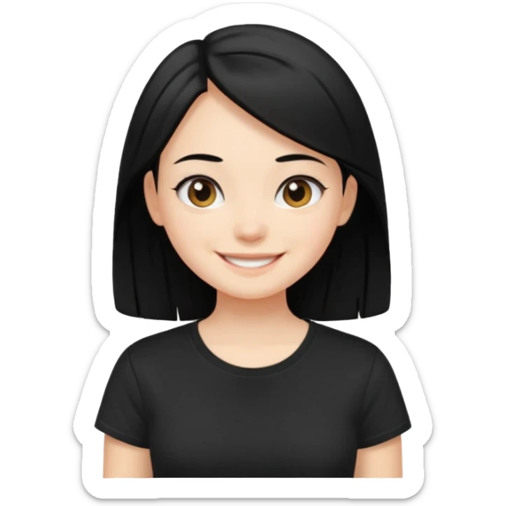 a pretty bratz fair girl with straight black hair, wearing a black tshirt, smiling sticker