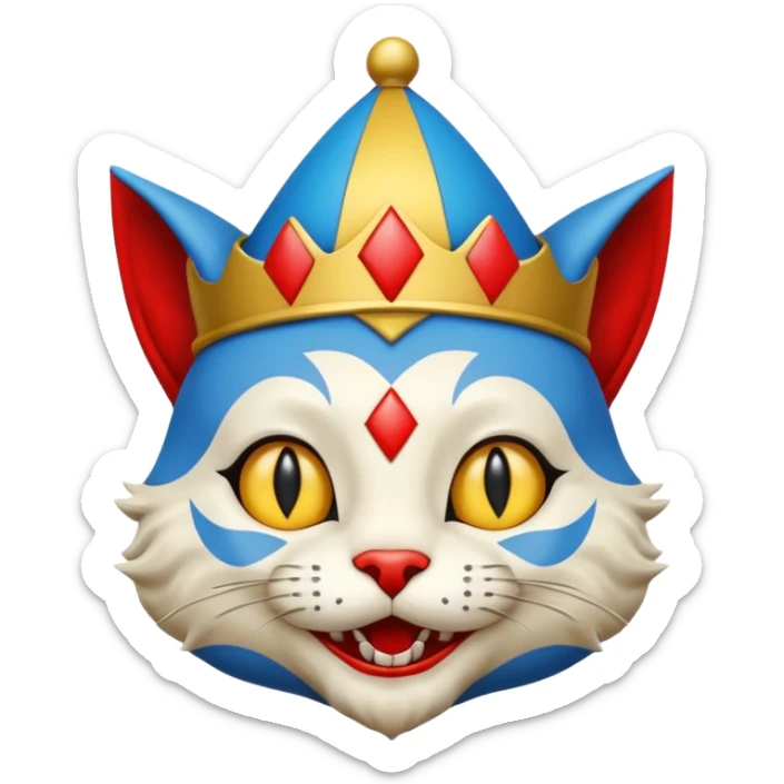 crazy colorful cute little cat jolly joker from poker, medieval, vintage, court jester, mac os icon, blue color sticker