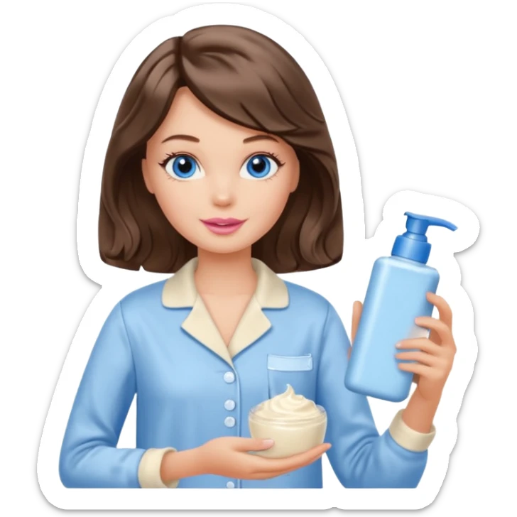 Barbie girl with makeup, blue eyes , and bob long haircut wavy, short brown hair in creamy color pajamas, face cream in hand sticker