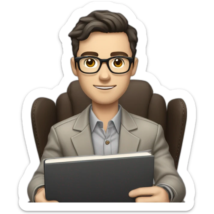 Pale skinned Fit Man With dark brown hair in gray jacket with emblem Ψ, beige office shirt and vintage glasses sitting In a chair with a notebook and a pen in his hands sticker