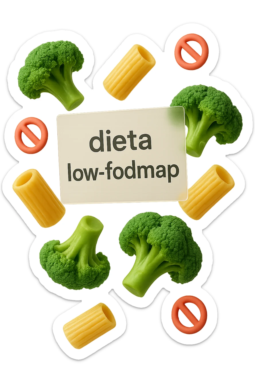 BROCCOLETTI E PENNE DI PASTA RIGATE FLUTTUANO IN ARIA insieme a piccoli divieti 3d, DAVANTI A LORO FLUTTUA UN FOGLIO CON LA SCRITTA "dieta low-fodmap" sticker