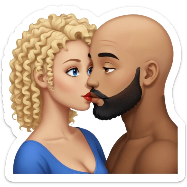 bald head man with brown eyes and black beard kissing African woman with blue eyes and curly blonde hair sticker