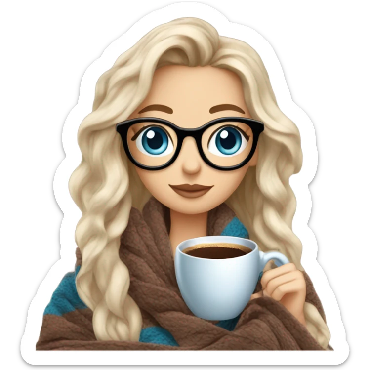 Balayage hair Girl drinking coffee, with a cozy blanket wearing glasses with blue eyes beautiful  sticker