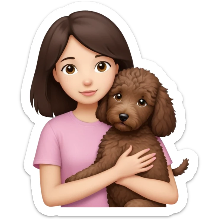 One girl with medium long dark brown hair dressing baby pink T-shirt, hugging One little brown coated labradoodle. sticker