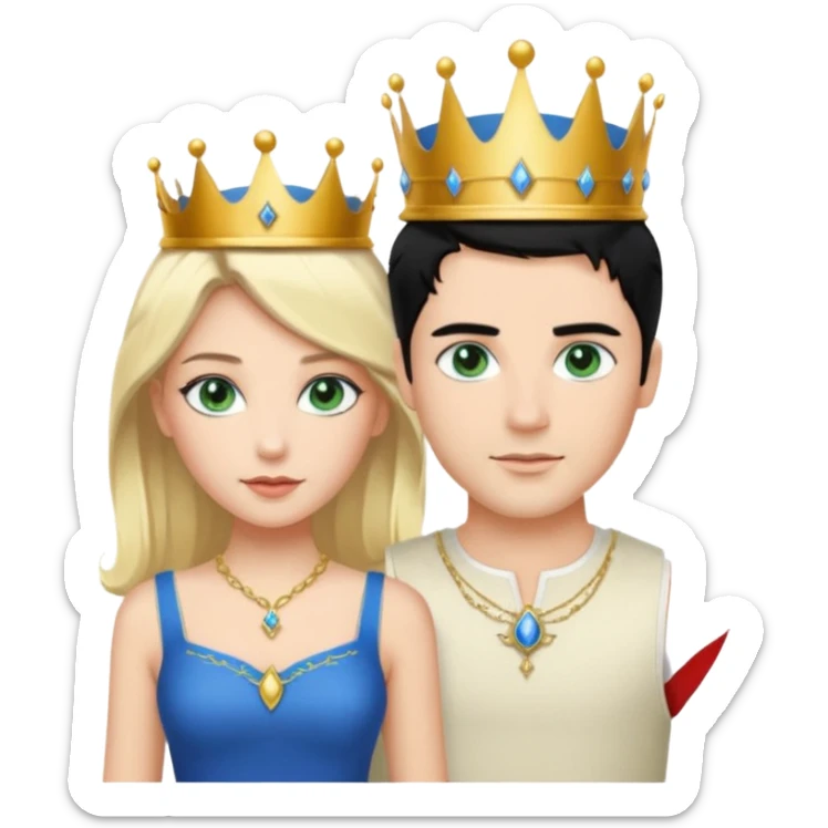 Prince with crown, black hair, body, legst, blue eyes, woman blonde hair, green eyes, sexy white short sleveless dress,  sticker