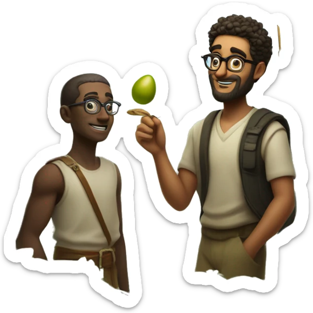 Irani Guy with Glasses, and osiris hair, looking for olives in the Forrest, With a fairy holding a tootpick sticker