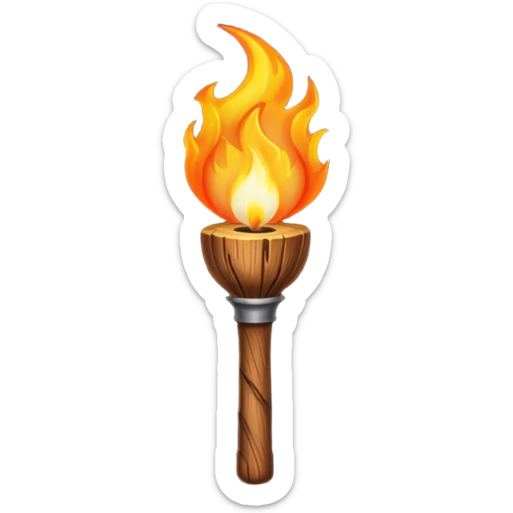 Indiana Jones-style flaming torch: worn wooden stick, bright orange flame, dark and realistic atmosphere. sticker