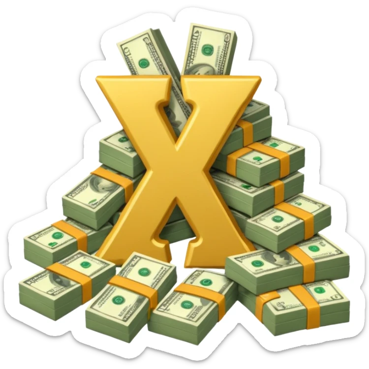 start with a 3d number 10, and 3d letter x, "10x", then to its right, a cash pile, make bills rectangular, looking like a multiplier of the wad of cash sticker