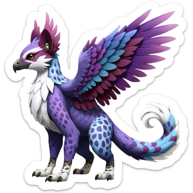 Winged hyper-realistic Feral Rare realistic edgy burgundy-purple pretty beautiful handsome gorgeous aesthetic colorful vibrant Vernid-Trico-Silvally-Nargacuga-Gryphon-fusion-hybrid-species-Fakemon-creature by LiLaiRa, random markings, tufted ears, full body with snow-leopard-pattern-markings sticker