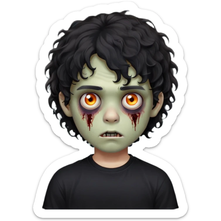 Boy, zombie, black curly wavy hair, medium hair, emo, round shaped hair, dark hair, spooky, creepy expression, fringe in the eyebrows height, with Black t-shirt  sticker