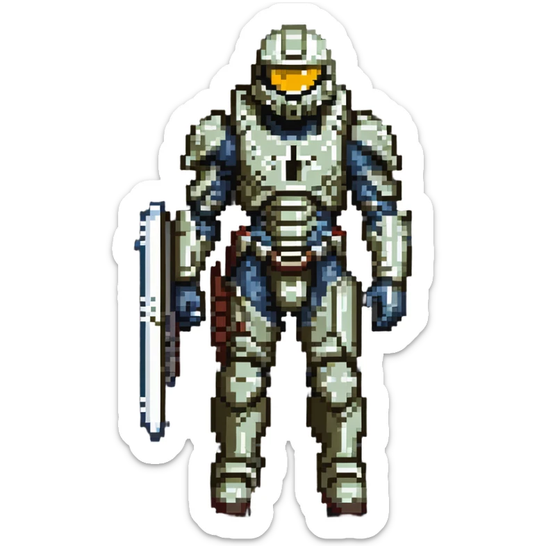 male Halo Spartan nomad with battle-worn armor and scavenged equipment sticker
