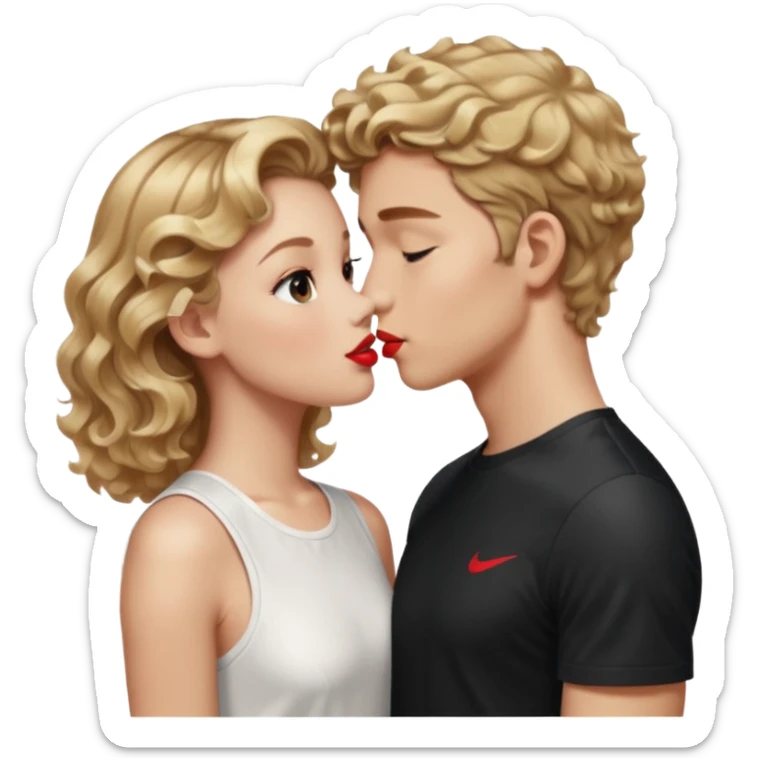 A girl with balayage blond curls kissing a boy with light brown hair. She wears a dress white and he wears a wihite sports shirt from nike sticker