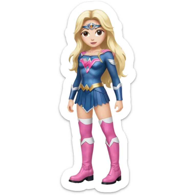 Wonderwoman, long blond hair with pink highlights, black-pink leather outfit, white knee high boots sticker
