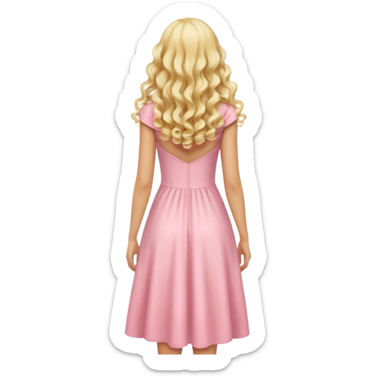 back view of person with long blonde curls wearing a pastel pink dress, iOS Apple emoji style sticker