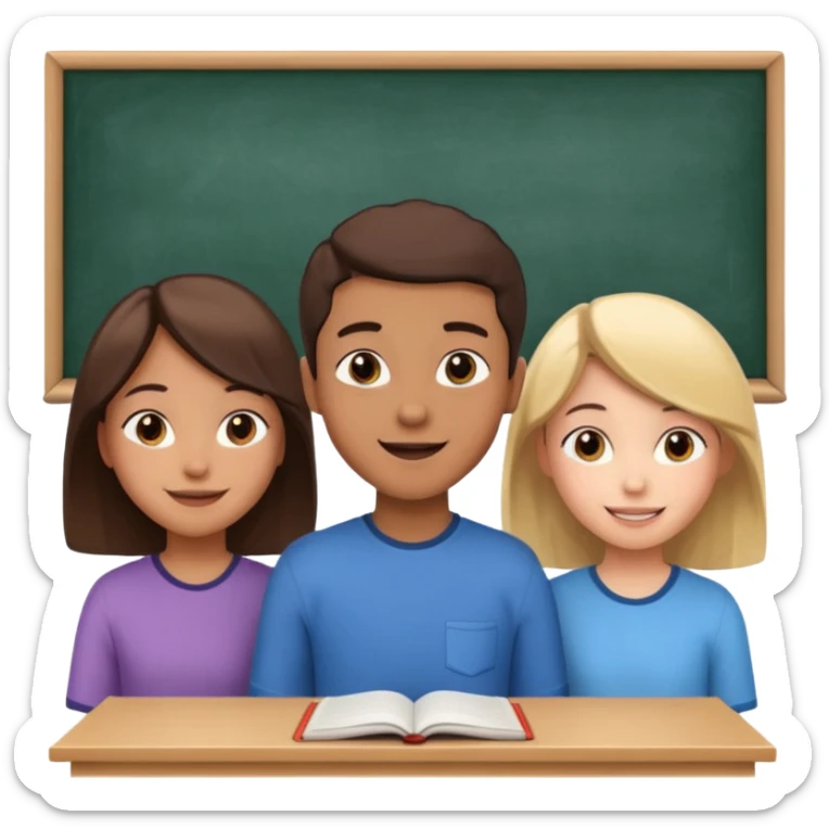 a group of students of both genders (boy and girl) talking to each other quietly in a classroom (let them face each other) sticker