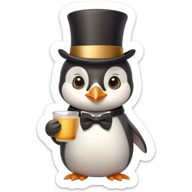 Cute baby penguin holding a cup of tea, a top hat, an elegant bowtie and a gold monocle sticker