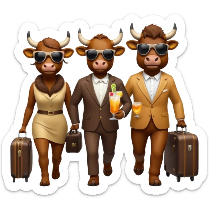 generate an emoji of a group of up to 8 male and female bulls travelling together on holidays. One bull has a suitcase, one has sunglasses, one is carrying a cocktail. They're all in motion, walking together. Make the characters look like bulls sticker
