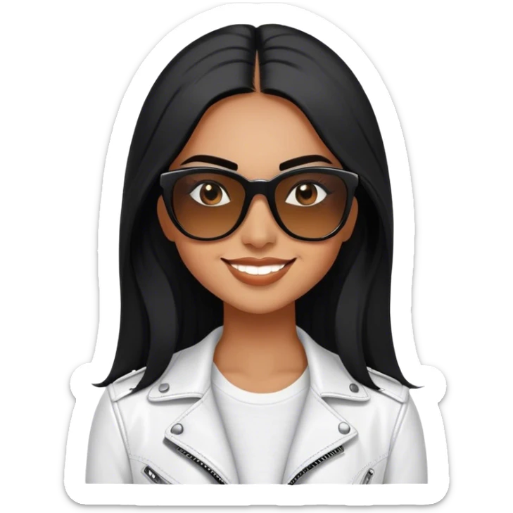 beautiful fit woman, with long straight black hair, with make up, black eye liner, smile mooth close, mexican, brown skin, wearing white tee, wearing leather black jacket, solar wayfarer on the tip of the nose, flirting sticker