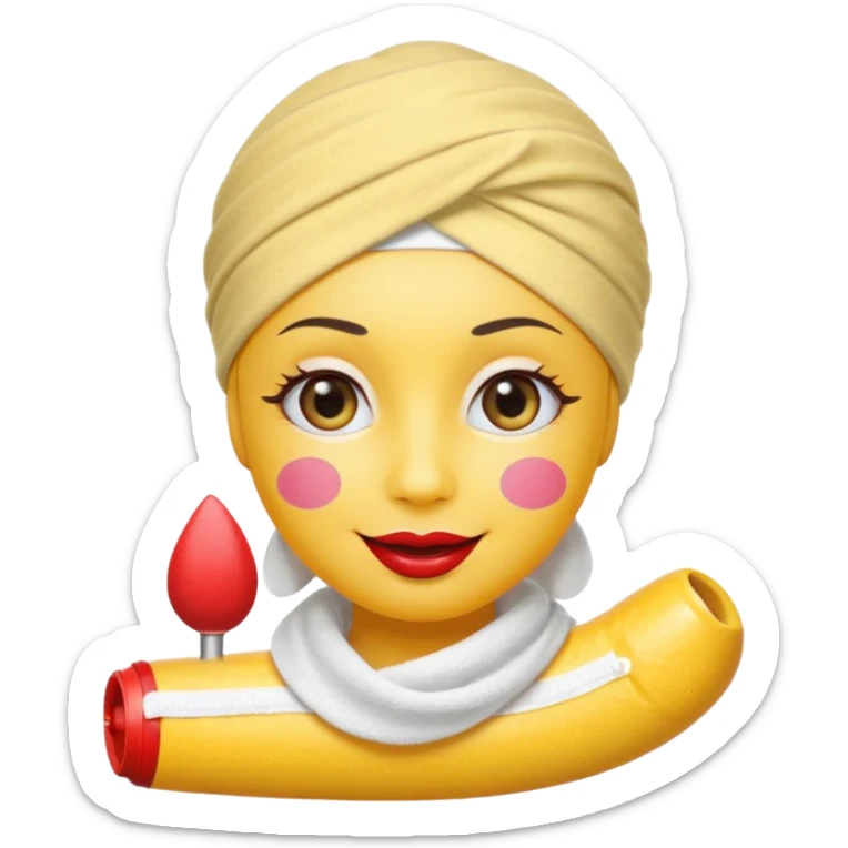 classic round yellow emoji face with big smile, simple emoji-style eyes with eyelashes, blush on cheeks, wearing a white towel turban, large red lipstick tube with visible cap and red tip floating next to the face, no fruit or food, not human-like sticker