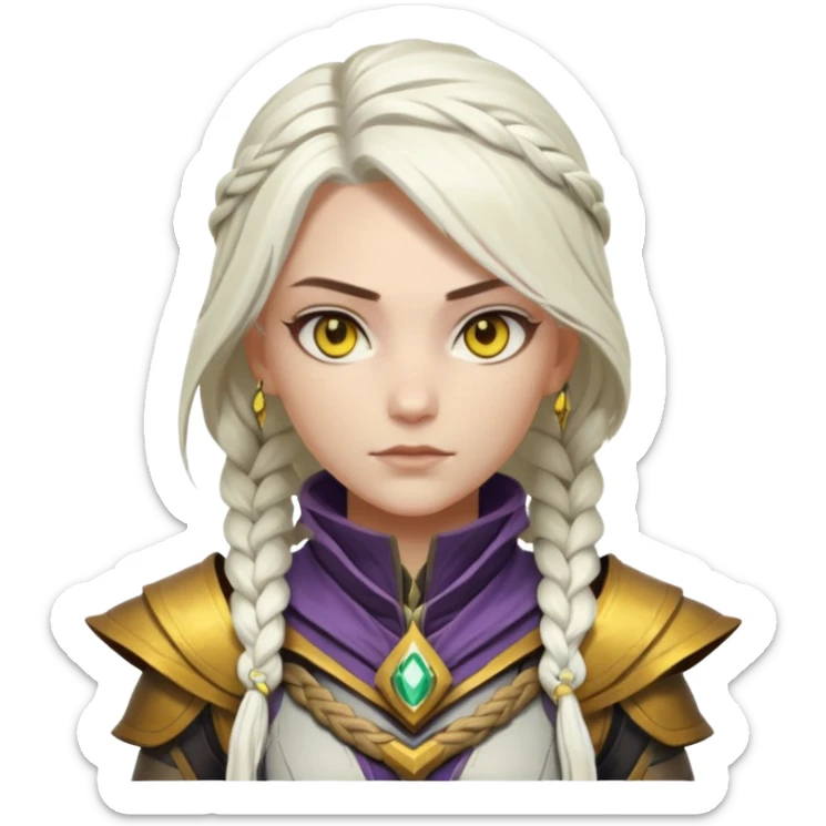 novice warlock from Destiny 2, female, long white braided hair, gold yellow eyes, no helmet, Destiny 2 armor sticker
