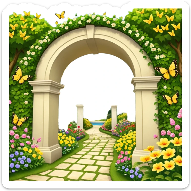 Still life, picturesque highly detailed garden adorned with diverse, vibrant flowers in full bloom, an archway in the center, lots of detailed yellow butterflies, lush trees masterpiece,  dpi 300, 8k. sticker