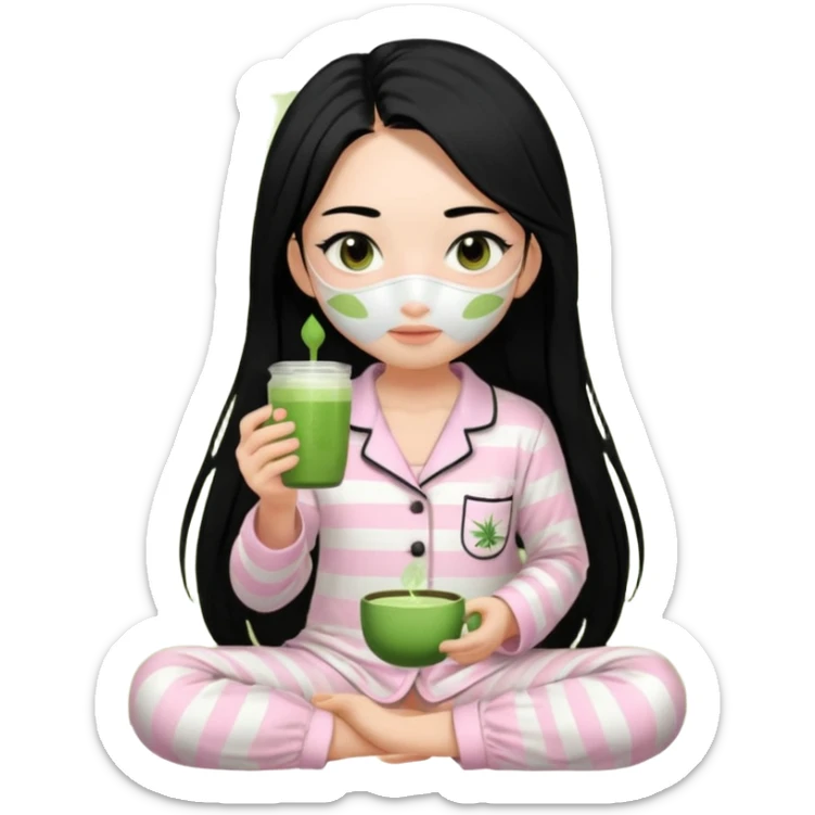 chica de pelo lacio color negro cabellera larga piyama blanca con rayas rosa claras peo no tan claras no oscuras el bordado es negro al igual que los botones )tiene una mascarilla para la cara una mascarilla faciial blanca y sostiene un matcha  y es de test blanca  sticker