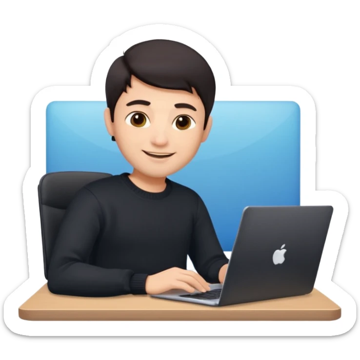 memoji of a man with a laptop, apple-style, modern, dark hair, black sweater, Indian fair skin, small cute smile, computer in hand, sitting at his desk, light blue gradient background sticker