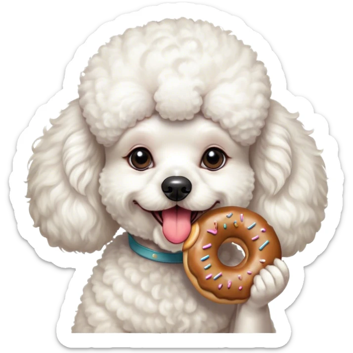 French poodle blanco tamaño mediano hembra con una dona en la boca, mordiendo la y todo el cabello esponjoso sin ningún corte de ningún estilo, sin copete sticker