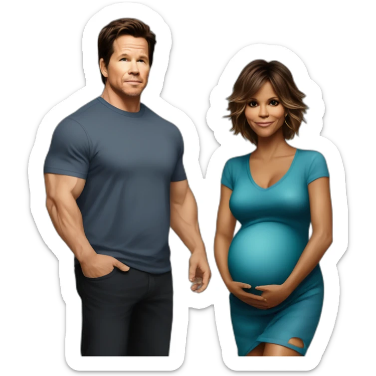 pregnant Halle berry standing next to pregnant mark Wahlberg sticker