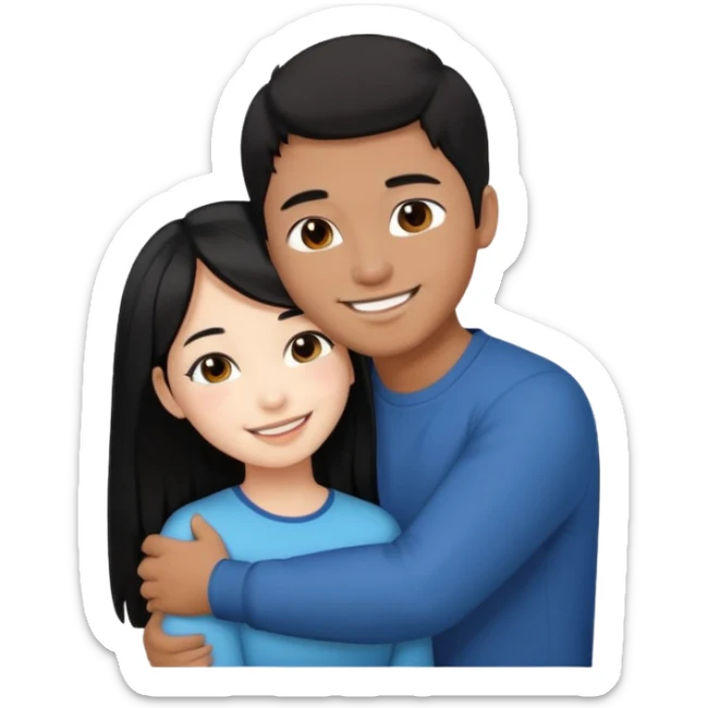 Asian guy with brown skin, short black hair, and a Asian girl with white skin and long black hair hugging  sticker