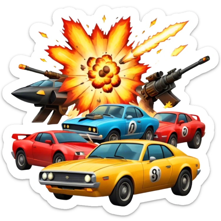 Icon for Action Movies Collage: Collage of iconic action movie elements, including explosions, a hero with weapons, a high-speed chase, and dramatic fight scenes. The design should be dynamic, colorful, and full of energy, capturing the essence of action films. Transparent background. sticker