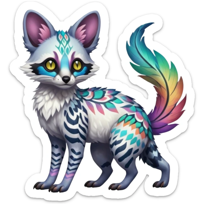 Rare iridescent white exotic epic aesthetic colorful Trico-Genet-species-Fakemon-hybrid-creature, with intricate tattoo markings, full body sticker