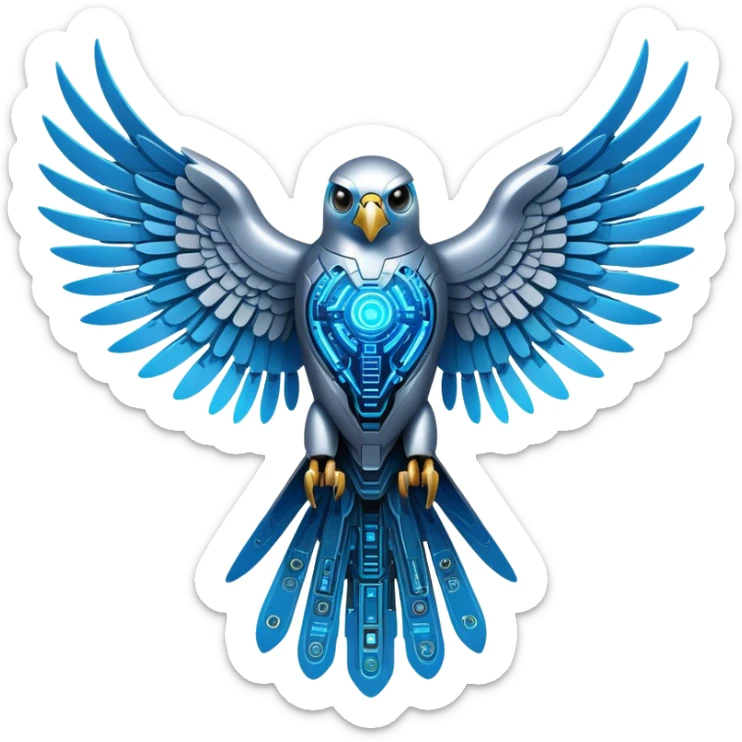 The Cybernetic Falcon
A high-tech falcon with holographic wings resembling circuit boards.
Symbolizes speed, intelligence, and vision—like AI navigating the future.
Neon-blue eyes and accents, showing its connection to decentralized tech. sticker