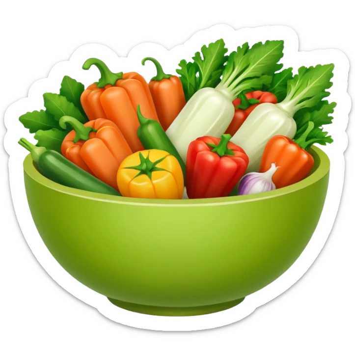 Healthy home cooking humanless avatar in clean style vibrant illustration. Fresh vegetables bowl, green tones, simple shapes, flat design, friendly and light. sticker