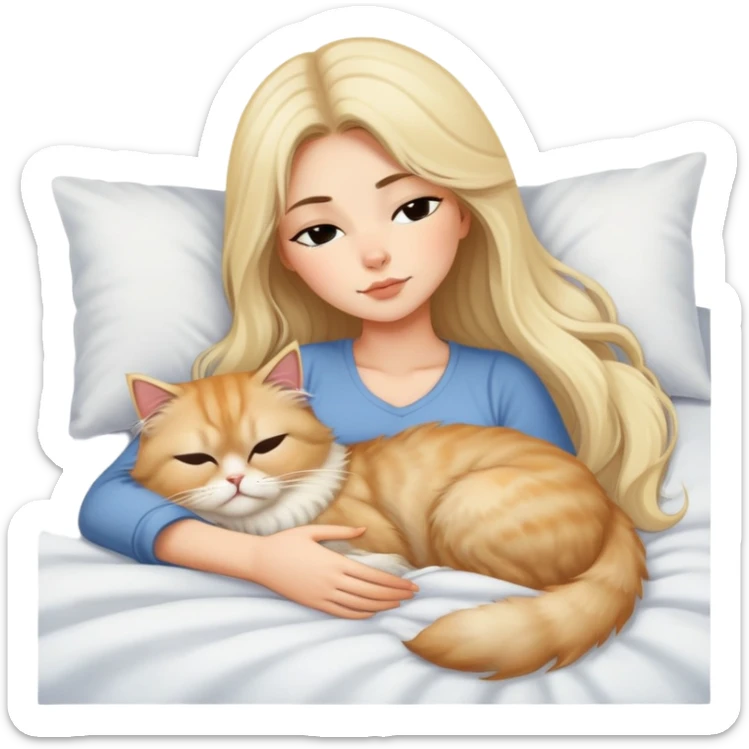 pretty girl with dark long hair sleeping with blonde fluffy  persian cat in bed sticker