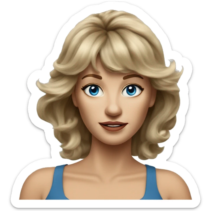 Medium length Dirty blonde voluminous hair with bangs all across forehead and sides swept away from face woman of 60 with blue eyes  sticker
