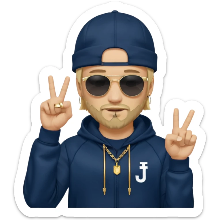 The French rapper Jul. Light skin, trimmed beard, dark navy tracksuit with hood, backwards cap, black sunglasses. Blond hair. both index and middle fingers pointing downward, forming a "J and L" shape. Gold chain and a smirk. Look evoke a Marseille urban vibe. sticker