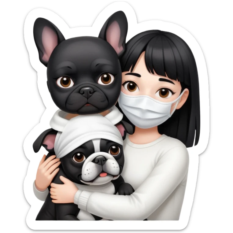 girl with short black straight bangs hair wearing a white mask and hugging a black French bulldog sticker