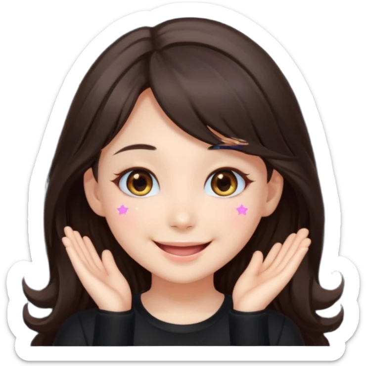 kawaii streamer girl, brunette, brown eyes, long dark hair, black outfit, smiling, sparkling eyes, blushing cheeks, happy expression, small stars around, emoji icon sticker